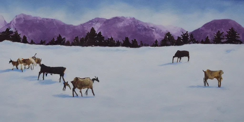 Prompt: winter painting of goats grazing in craggy highlands