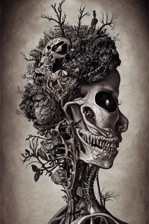 Image similar to Detailed maximalist portrait with large lips and eyes, scared, botanical skeletal with extra flesh, HD mixed media, 3D collage, highly detailed and intricate, surreal illustration in the style of Caravaggio, dark art, baroque