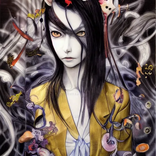 Prompt: yoshitaka amano realistic illustration of a sinister anime girl with big eyes and long wavy white hair wearing dress suit with tie and surrounded by abstract junji ito style patterns in the background, blurred and dreamy illustration, noisy film grain effect, highly detailed, oil painting with expressive brush strokes, weird portrait angle