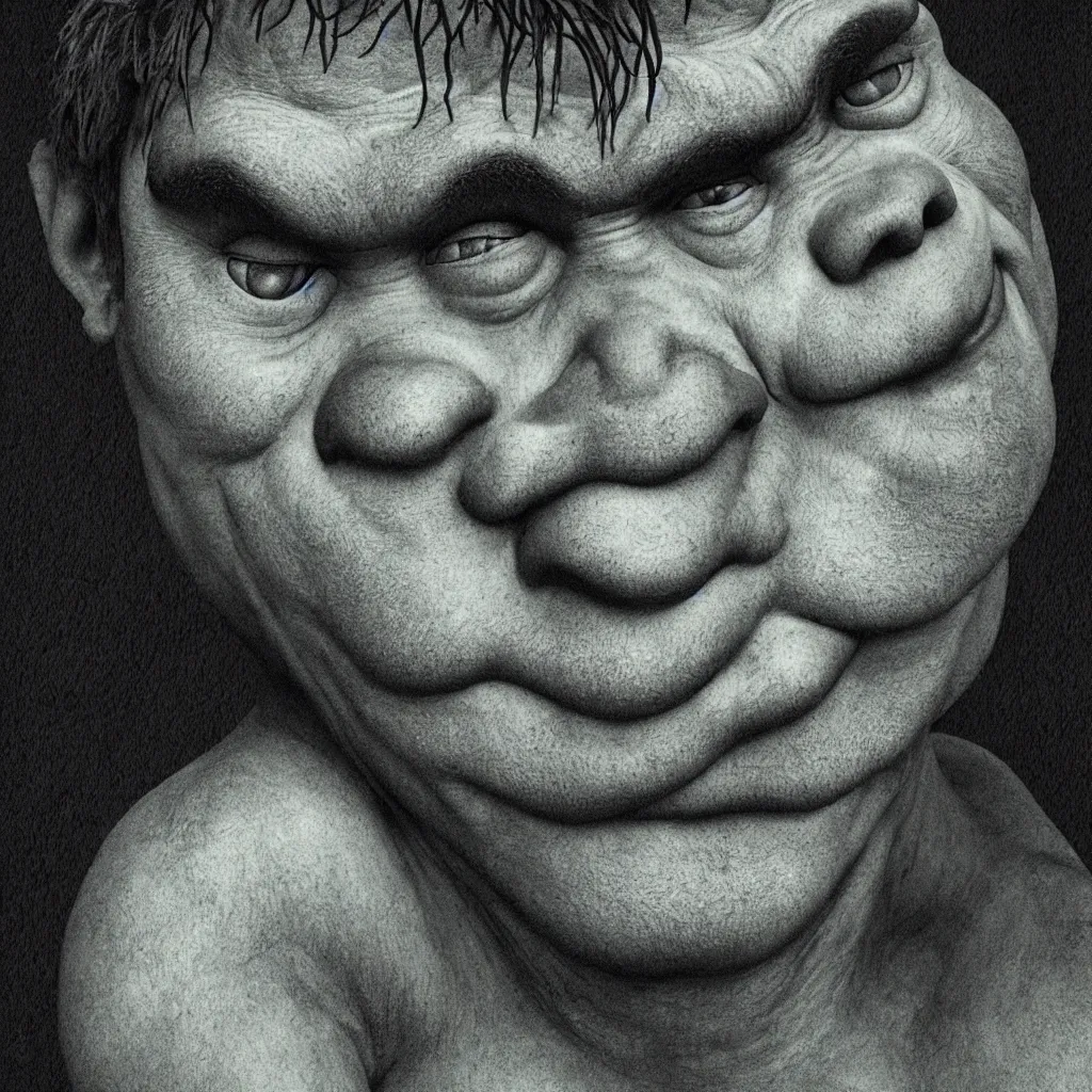 Image similar to portrait of shrek sad, melancholic, depressing, pain, hurt, emotional