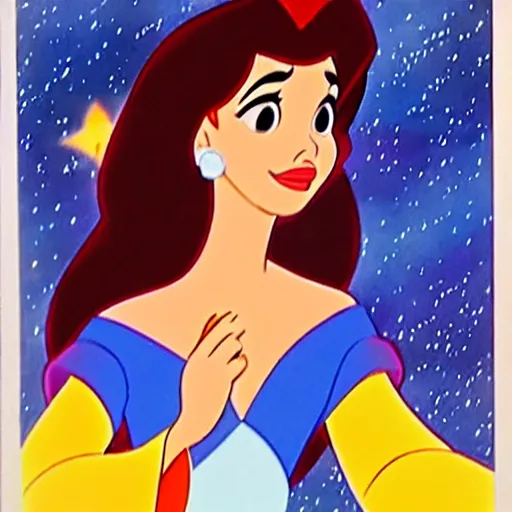 Image similar to disney film cel ( 1 9 5 9 ), hispanic princess looking up dreamily at the stars, glen keane, colorful