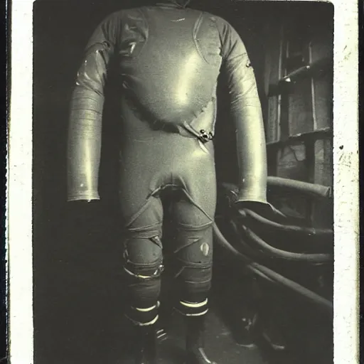 Image similar to old school diving suit, underwater picture, murky, dark, scary, 1910 polaroid