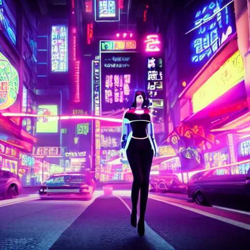 Prompt: innovative avant-garde art, deco fashion, asian women, neon lights, highly detailed, photorealistic portrait, cyberpunk city street, night time, crisp quality and light reflections, unreal engine 5 quality render