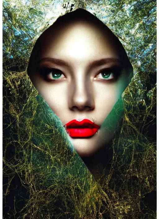 Image similar to double exposure effect, glowing silver and golden elements, full close-up portrait, realistic female model from shutterstock as a dark witch, book cover, green forest, white moon, red lips, establishing shot, extremly high detail, photo-realistic, cinematic lighting, pen and ink, intricate line drawings, by Yoshitaka Amano, Ruan Jia, Kentaro Miura, Artgerm, post processed, concept art, artstation, matte painting, style by eddie mendoza, raphael lacoste, alex ross