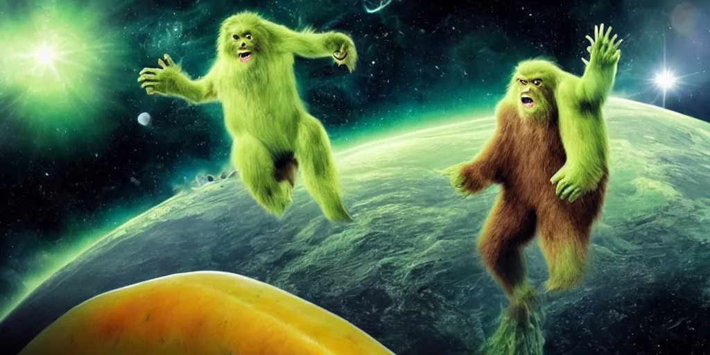 Image similar to Sasquatch riding a giant pickle in space, beautiful cosmic