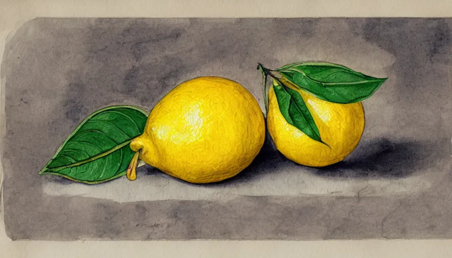 Image similar to encyclopedia drawing of lemon, watercolor, manuscript