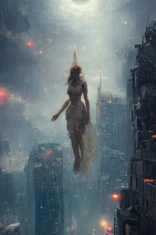 Prompt: goddess of artificial intelligence floating above a city, sharp focus, by rozalski, by greg rutkowski, cinematic, cinematic shot, megalophobia, award winning, trending on artstation, intricate, detailed