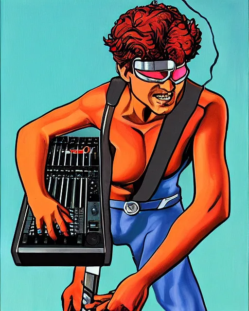 Image similar to cyclops (from x-men) playing an Akai MPC 2000XL, by Toni Toscani, oil on canvas