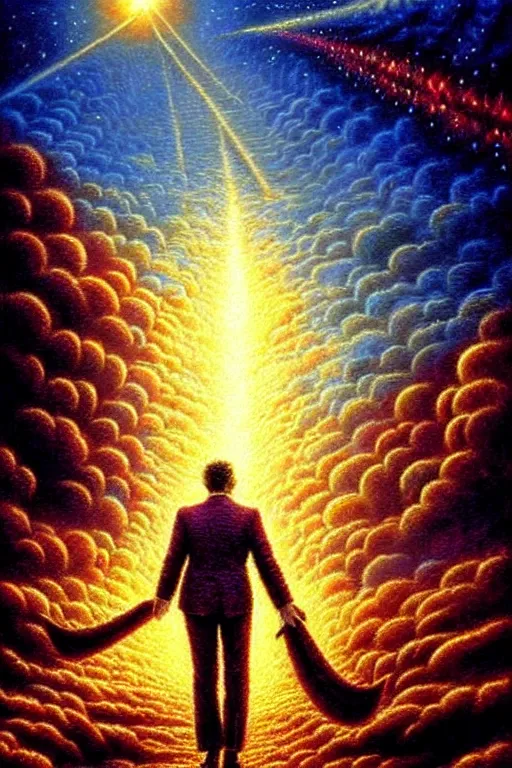 Prompt: a photorealistic detailed cinematic image of a departed soul walking to the afterlife. powerful, triumph, glory, astonishing, met by friends and family, overjoyed, by pinterest, david a. hardy, kinkade, lisa frank, wpa, public works mural, socialist