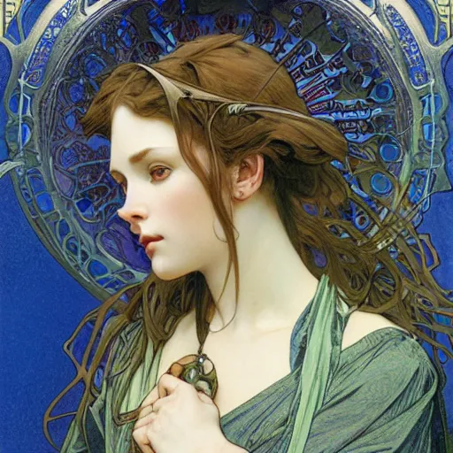 Prompt: realistic detailed face portrait of Nimue by Alphonse Mucha, Ayami Kojima, Amano, Greg Hildebrandt, and Mark Brooks, Art Nouveau, Neo-Gothic, gothic