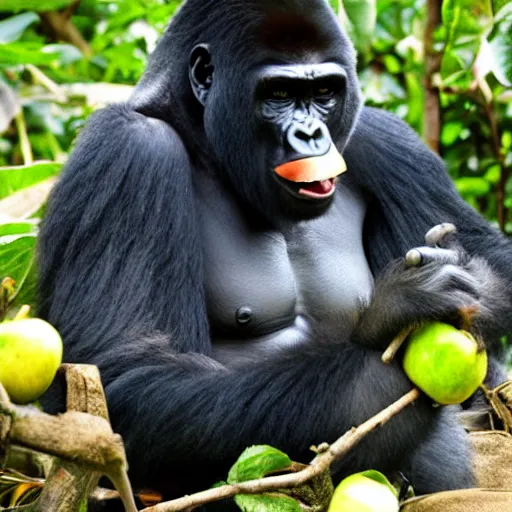 Image similar to a gorilla wearing a top hat and biting into an apple in the rainforest, dslr photo, 60mm