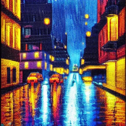 Prompt: pixelart rainy night in the city, reflections