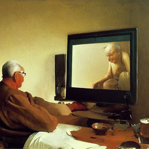 Prompt: poor grandpa trying to figure out how to send an email sitting in his small room looking at his lenovo thinkpad laptop t 4 1 0 8 gb ram jamie wyeth greg rutkowski winslow homer thomas eakins lucian freud edward hopper j. m. w. turner oil painting