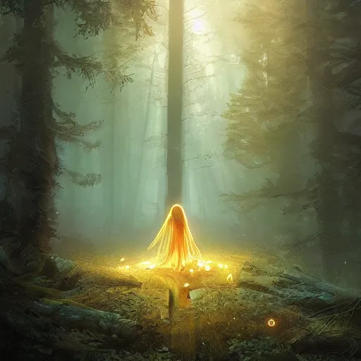 Prompt: a young girl lost in the woods encounters a gigantic glowing golden manifestation of the spirit of the forest at night. Jordan Grimmer. Geoffroy Thoorens