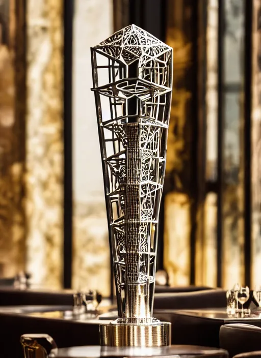 Image similar to a tall reflective very symmetrical biomechanical polyhedral 3 d printed steel ornate, intricate, engineering trophy at a high end bar in golden afternoon light, professional food photography