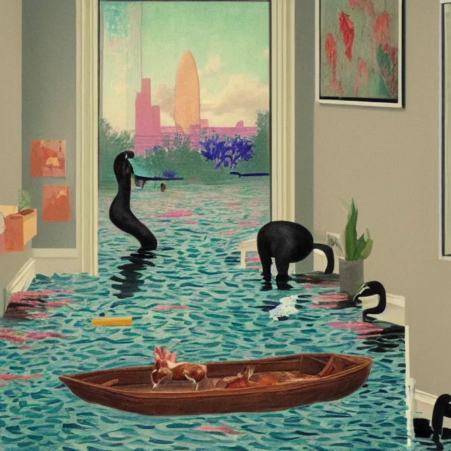 Image similar to painting of flood waters inside an apartment, emo catgirl art student, a river flooding inside, taps with running water, tangelos, zen, pigs, ikebana, water, river, rapids, waterfall, black swans, canoe, pomegranate, berries dripping, acrylic on canvas, surrealist, by magritte and monet