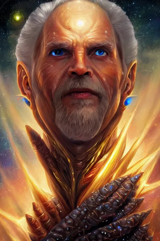 Prompt: beautiful oil painting with high detail of a wise Space ent(with Galaxy Eyes) made of stars and plasma, hybrid from dungeons and dragons and art direction by James Cameron ;by artgerm; wayne reynolds art station; cinematic quality character render; low angle; ultra high quality model; production quality cinema model