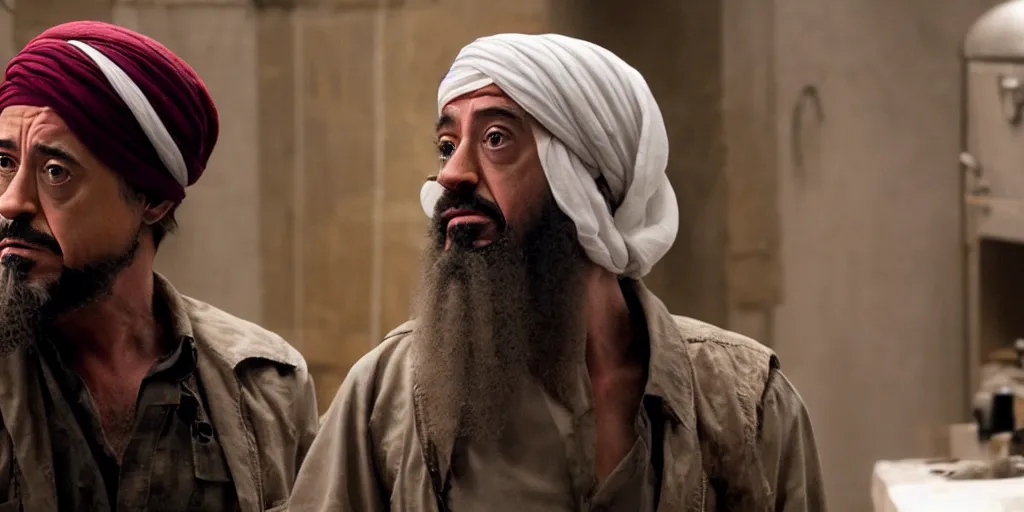 Image similar to Robert Downey Jr. as Osama Bin Laden in 'Big Bin' (2025), movie still frame, oscar nominated cinematography, volumetric lighting, 8k resolution, beautiful composition