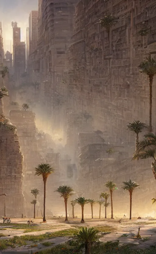 Prompt: Prosperous verdant high tech city in ancient Egypt, masterpiece digital painting by Greg Rutkowski, Alex Grey, artstation, 4k wallpaper