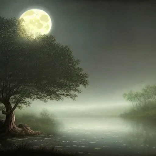 Prompt: an ultra detailed painting of a fantasy forest at night, nestled in a riverbank is gigantic ancient tree with a water sprite in a beautiful white dress sitting on the lowest bough, the moon can be seen through the trees and is veiled by fog, fog obscures the background, midnight, dark fantasy