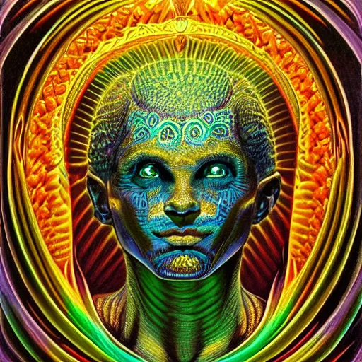 Prompt: perfectly centered portrait, front view of a reptilian alien, ascended master, intense stare, transcendental, symmetrical, concept art, intricate detail, volumetric shadows and lighting, beautiful colors, vibrant, realistic oil painting by gustave dore and alex grey,