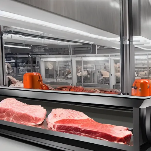 Prompt: butcher shop with robotic kuka robot cutting machines, steel countertops display various cuts of meat, photorealistic, highly detailed