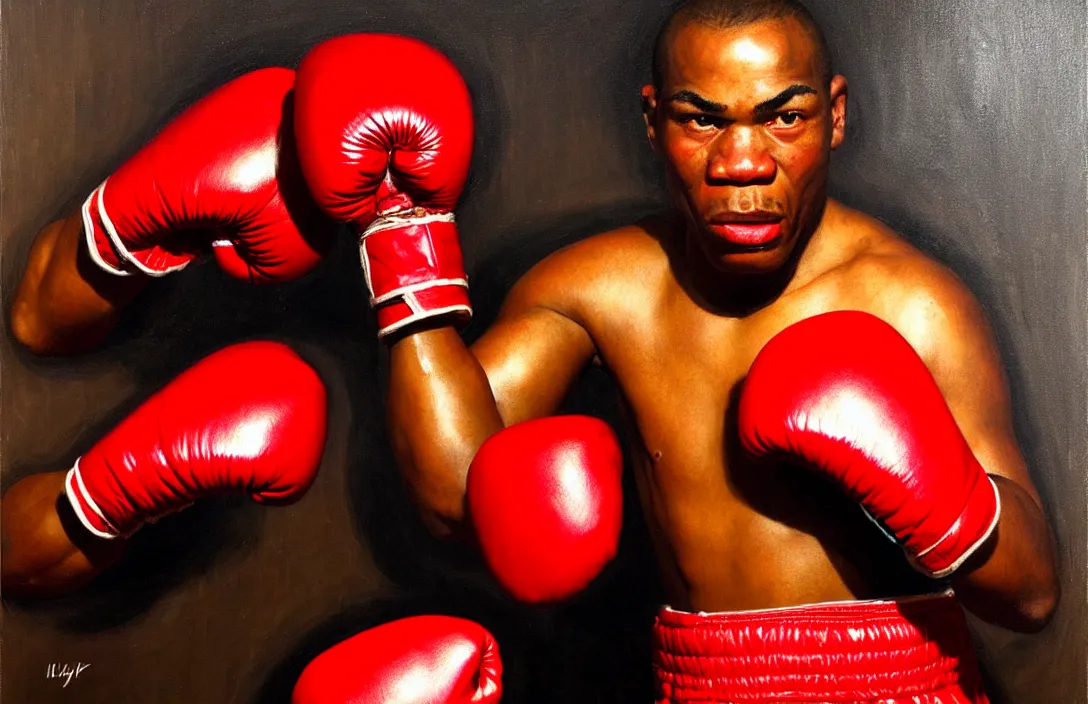 Image similar to an african american boxer with red boxing gloves!!!!!!!!!!!!!!!!!!!!!!!!!!!, detailed face, detailed painting, epic lighting, by ilya repin, phil hale and kent williams