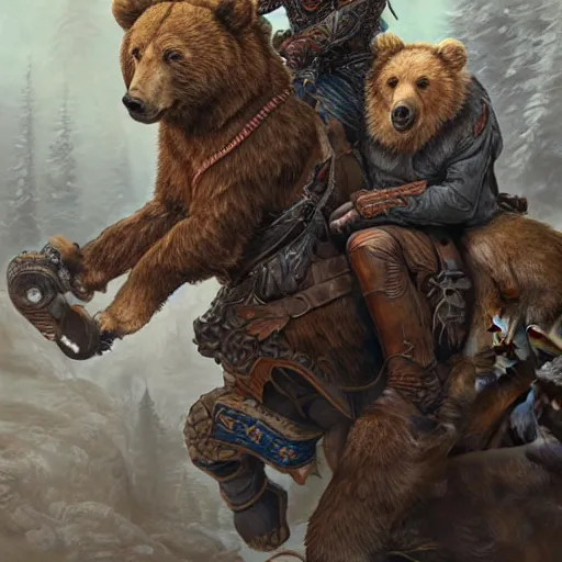 Image similar to Vladimir putin as a ruggedly handsome hero riding a bear, intricate, elegant, highly detailed, centered, digital painting, artstation, concept art, smooth, sharp focus, illustration, art by artgerm and donato giancola and Joseph Christian Leyendecker, Ross Tran, WLOP