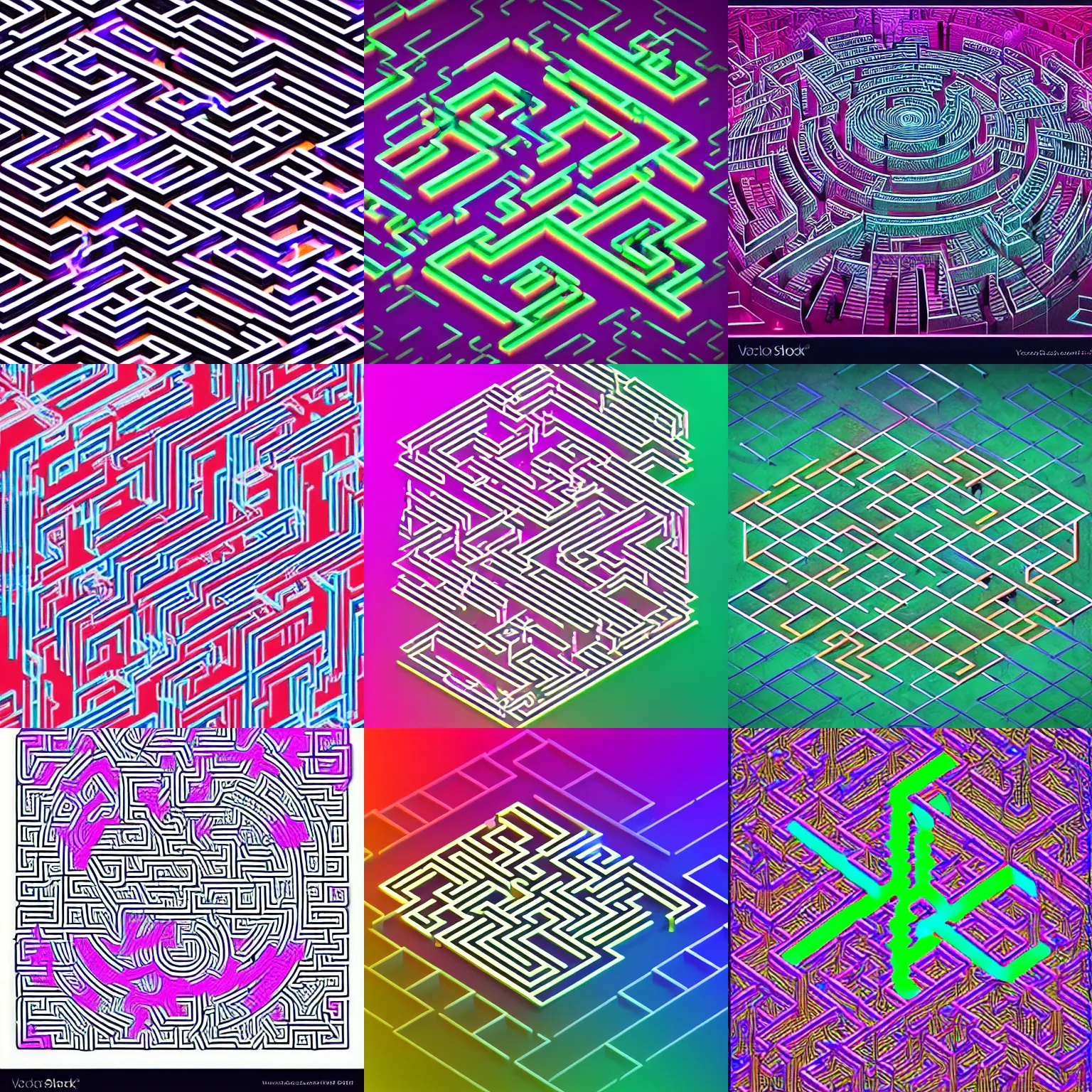 Prompt: detailed complex layered neon isometric labyrinth maze