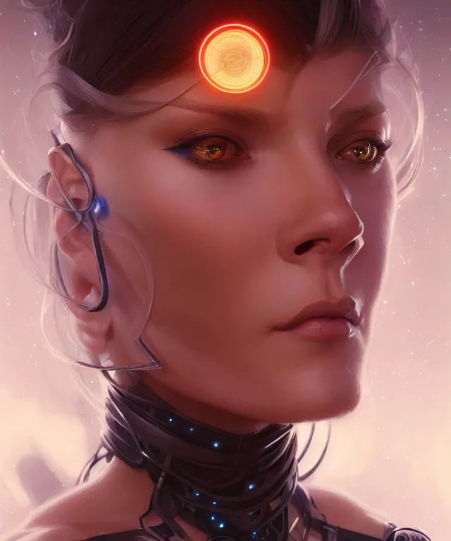 Image similar to futuristic woman portrait, sci-fi, amber eyes, face, long hair, fantasy, intricate, elegant, highly detailed, digital painting, artstation, concept art, smooth, sharp focus, illustration, art by artgerm and greg rutkowski and alphonse mucha