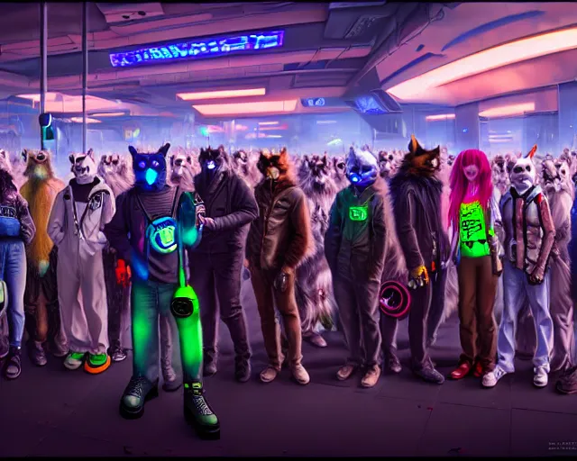 Image similar to high - resolution photograph from a cyberpunk era furry fandom convention ( midwest furfest 2 0 4 7 ), taking place after the genetic revolution and singularity. photorealistic.