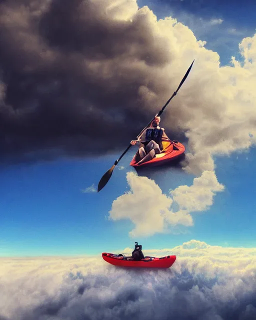 Prompt: realistic portrait of a blonde guy in a kayak over the clouds in the sky