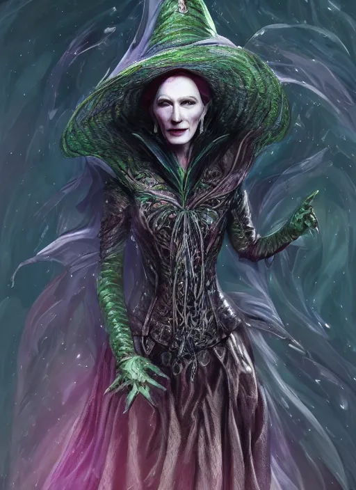 Image similar to beautiful female wicked witch, cate blanchett as the wicked witch of the west, full body character concept, armor, super powers, fantasy, intricate, elegant, highly detailed, digital painting, artstation, concept art, shining, sharp focus, illustration, art by stanley lau