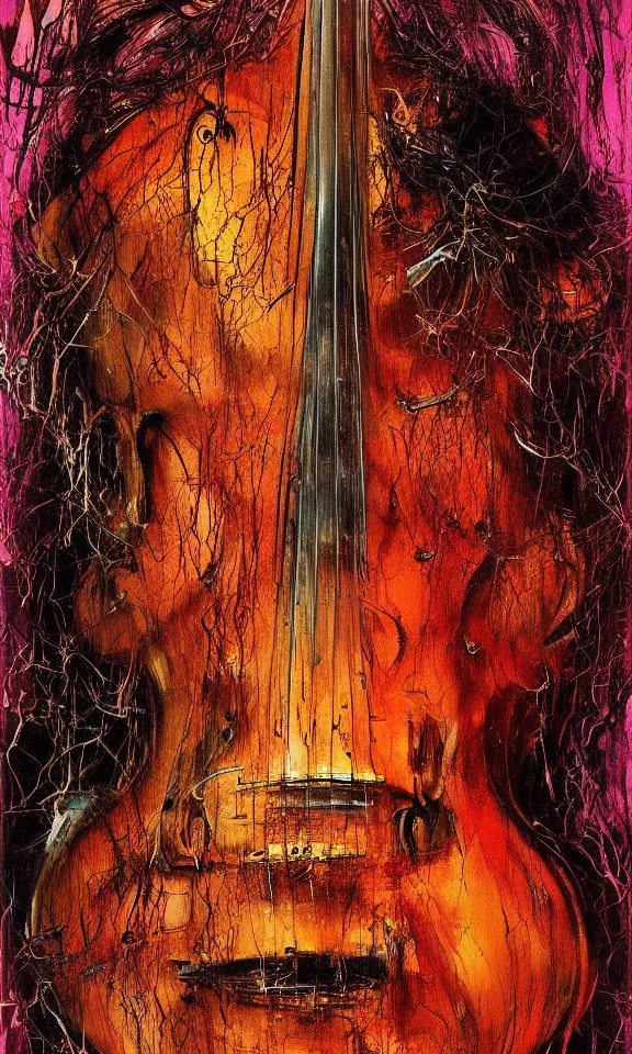 Prompt: hyper realistic portrait of a peter seiman cello by bob eggleton and affandi and carne griffiths, cinematic, artstation, evil, possessed, scary, cgsociety,