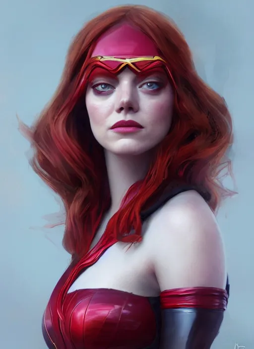 Image similar to portrait of emma stone as scarlet witch, hyper detailed, digital art, trending in artstation, cinematic lighting, studio quality, smooth render, unreal engine 5 rendered, octane rendered, art style by klimt and nixeu and ian sprigger and wlop and krenz cushart.