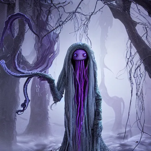 Prompt: a humanoid ethereal ghost like live action muppet wraith like figure with a squid like parasite as its head and four long tentacles for arms that flow gracefully at its sides like a cloak while it floats around a frozen rocky lake in the middle of the frozen woods searching for lost souls and that hides amongst the shadows in the trees, this character can control the snow and ice and has mastery of the shadows, it is known as the bringer of nightmares and the conqueror of the endless night terrors and staring too long can cause paralysis, it is a real muppet by sesame street surrounded by lost muppet souls, photo realistic, real, realistic, felt, stopmotion, photography, sesame street