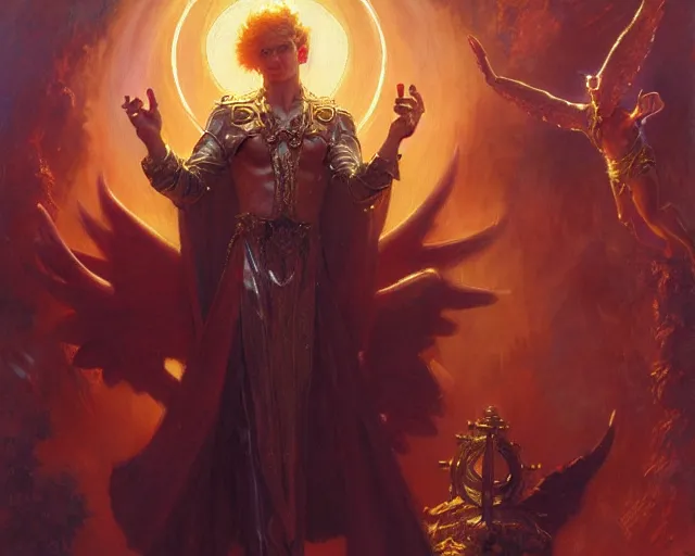 Image similar to attractive male deity, casting demonic magic, summoning handsome lucifer morning star. highly detailed painting by gaston bussiere, craig mullins, j. c. leyendecker 8 k