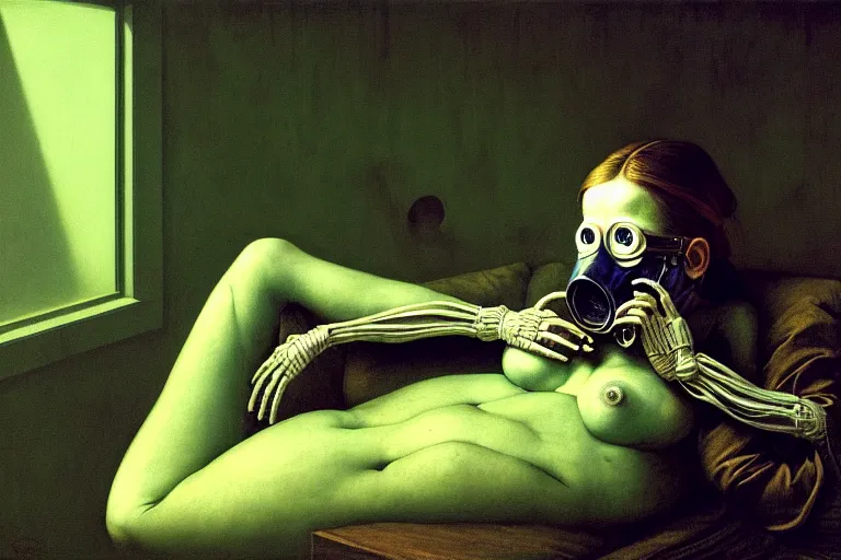 Image similar to anatomically correct girl with wearing a gas mask lying on the sofa reading a book in her room, in the style of beksinski, solarpunk, exact anatomy, atmospheric, clean, intricate and epic composition, green by caravaggio, insanely quality, highly detailed, masterpiece, blue light, artstation, 4 k