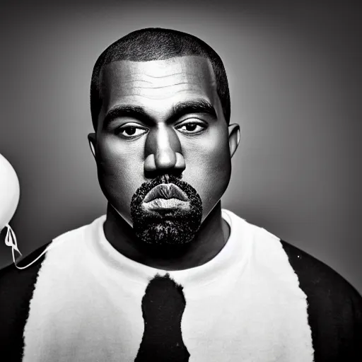 Image similar to a vintage studio portrait of kanye west clown with balloons behind him, black background, chiaroscuro lighting, camera focused on the face, close up portrait, shallow depth of field, 8 0 mm, f 1. 8