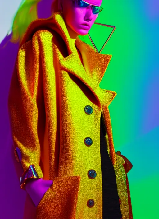 Image similar to coat for a rave, bright colors, many details, prints, photo for a magazine, photo for a store, fashion photography, Vogue, 135 mm, cinematic, hyper realism, high detail, octane render, 8k, chrome accents, perfect face model