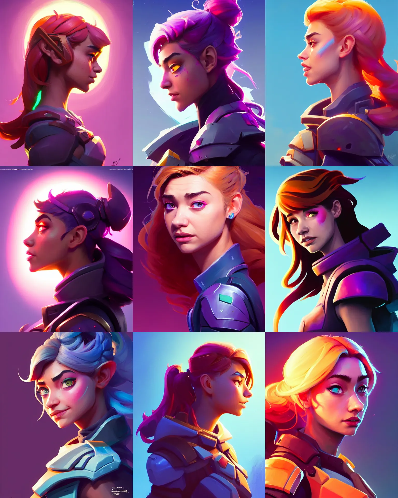Prompt: side - profile painted portrait, imogen poots as a fortnite paladin character, bright backlit, key lighting, smooth, gaudy colors, octane render aesthetic, dota matte painting concept art, official fanart behance hd artstation by jesper ejsing, by rhads and lois van baarle and ilya kuvshinov and rossdraws