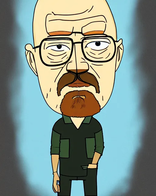 Image similar to portrait of walter white in the style of justin roiland. heisenberg. breaking bad. cinematic lighting. style of rick & morty. photographic, photography. by justin roiland