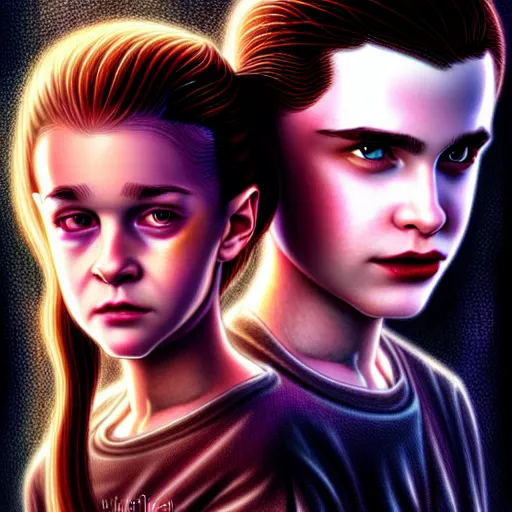 Image similar to Twilight version of Stranger Things, Portrait of Edward and Bella, diffuse lighting, fantasy, intricate, elegant, highly detailed, lifelike, photorealistic, digital painting, artstation, illustration, concept art, smooth, sharp focus, art by Albert Aublet