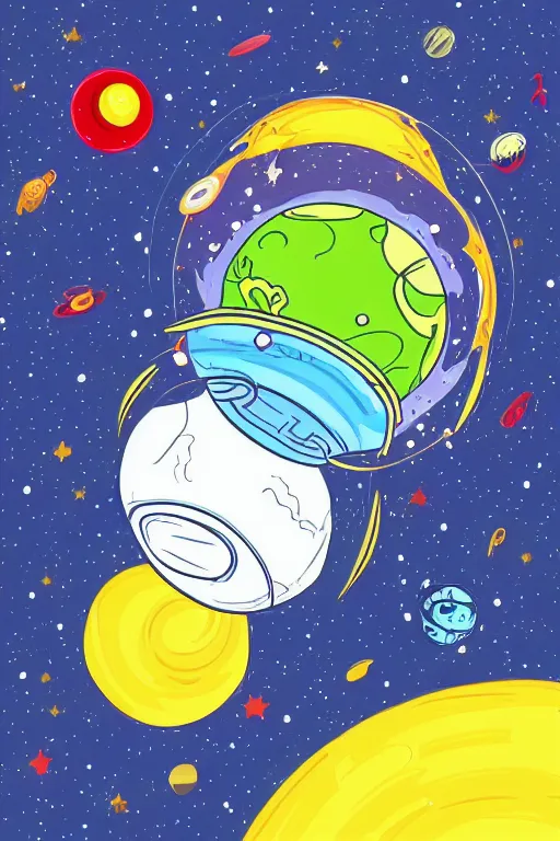 Image similar to planet pug floating in space, art by viktor miller gausa, sticker, colorful, illustration, highly detailed, simple, smooth and clean vector curves, no jagged lines, vector art, smooth
