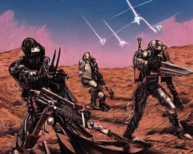 Image similar to cybernetic evil warzone bladed weapons razor projectiles humanoids goin stupid, desert scene