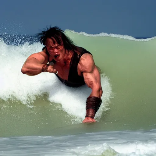 Image similar to action photo of conan the barbarian bodysurfing