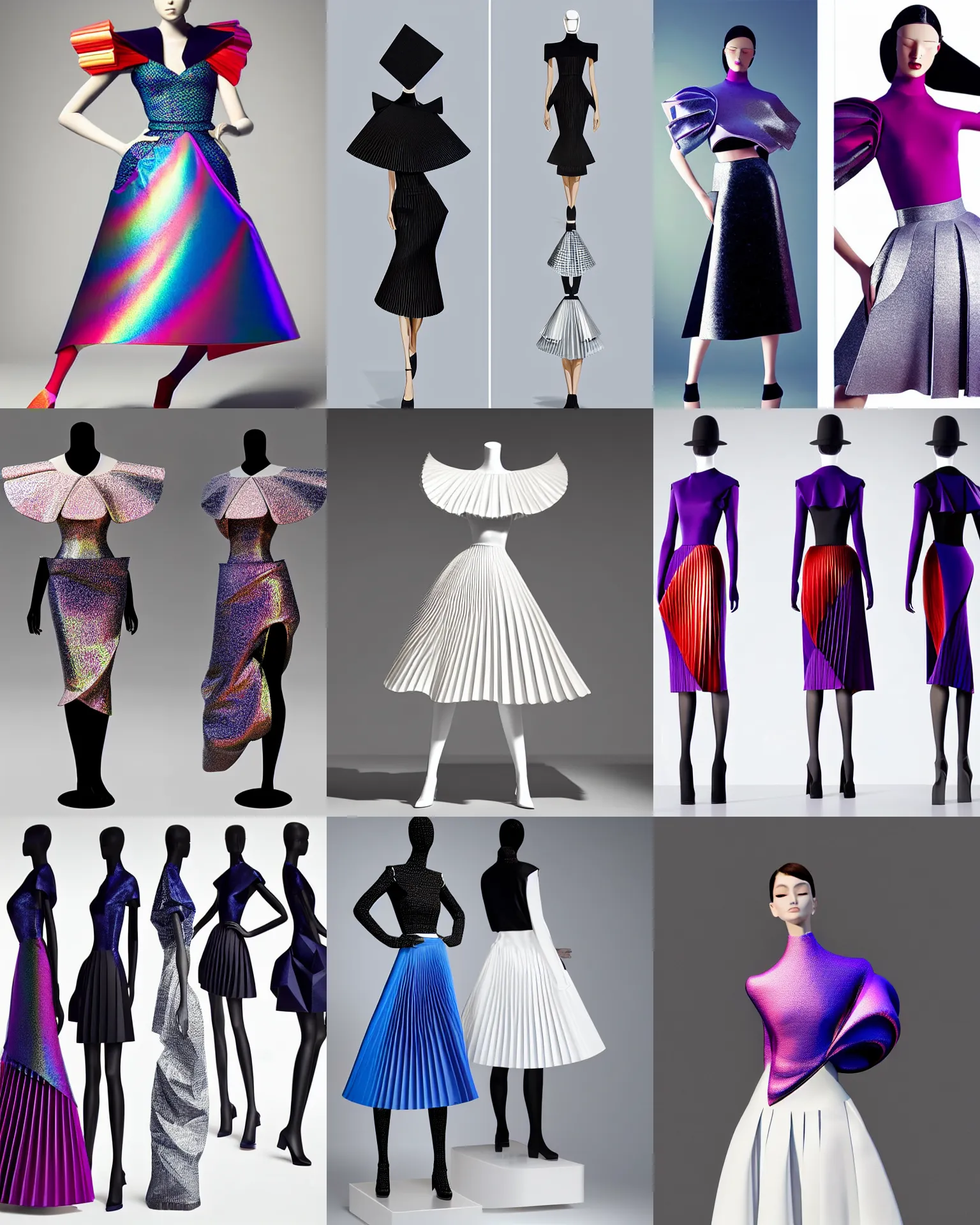 Prompt: designer figure collection ball shaped accordion sleeve haute couture, sailor uniform, midi skirt, coated pleats, synthetic curves striking pose, stylized dynamic folds, cute huge pockets, volume flutter, youthful, modeled by modern designer bust, smart holographic textiles, body fitted dart manipulation, expert composition, professional retouch, editorial photography