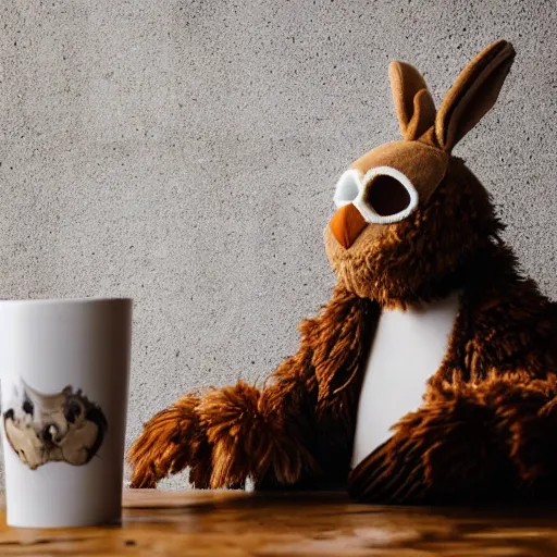 Image similar to a fluffy brown rabbit muppet wearing monk garb and a wolf skull as a mask and sat beside a cup of tea, photorealistic, nature, photography, national geographic, sesame street