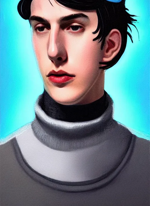 Image similar to portrait of teenage jughead jones wearing a light grey crown, crown, blue turtleneck, 1 9 5 0 s, closed eyes, photorealistic, black hair, glowing lighting, intricate, elegant, glowing lights, highly detailed, digital painting, artstation, concept art, smooth, sharp focus, illustration, art by wlop, mars ravelo and greg rutkowski