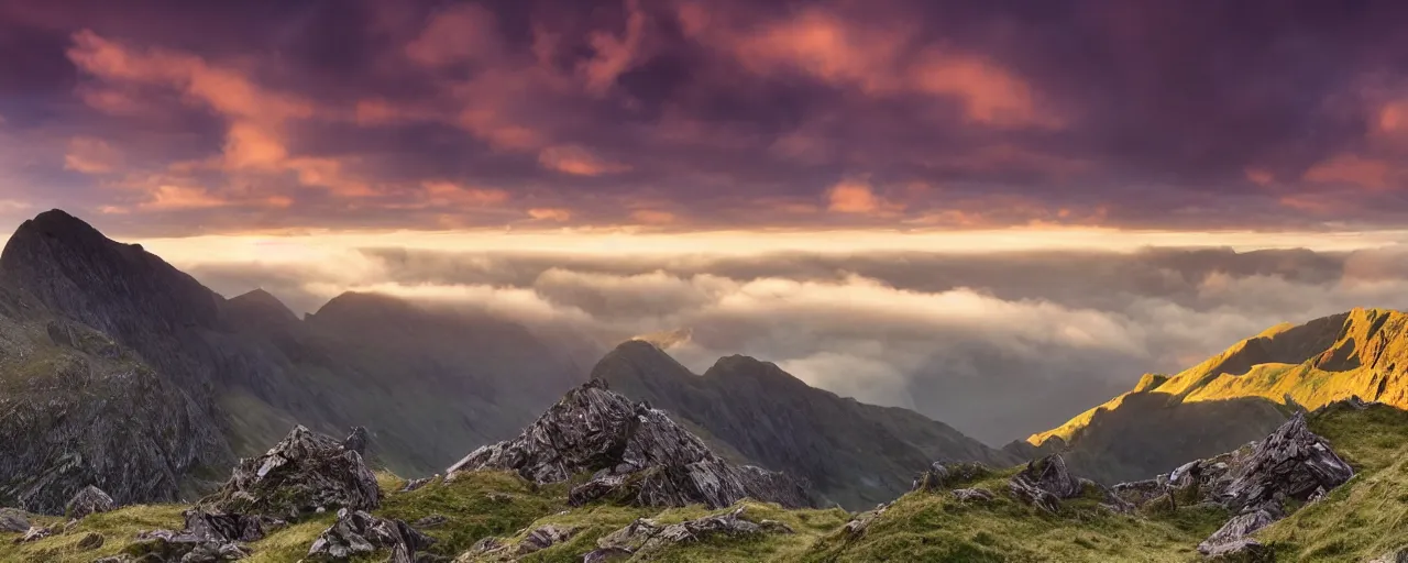 Image similar to Crib Goch!!!!!!!!!!! ridge, rays, epic, cinematic, photograph, atmospheric, dawn, golden hour, sunrise, purple golden blue sky clouds